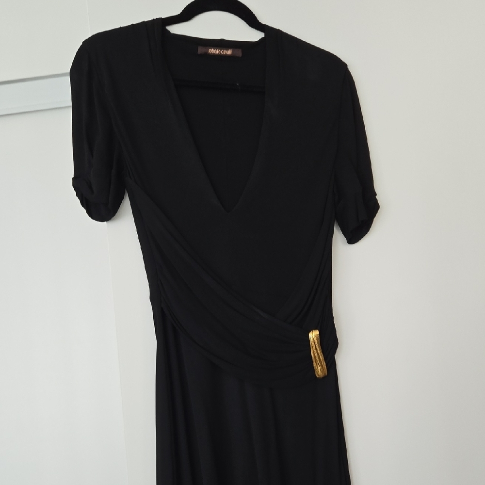 Roberto Cavalli Elegant Black Midi Dress with Gold Accent